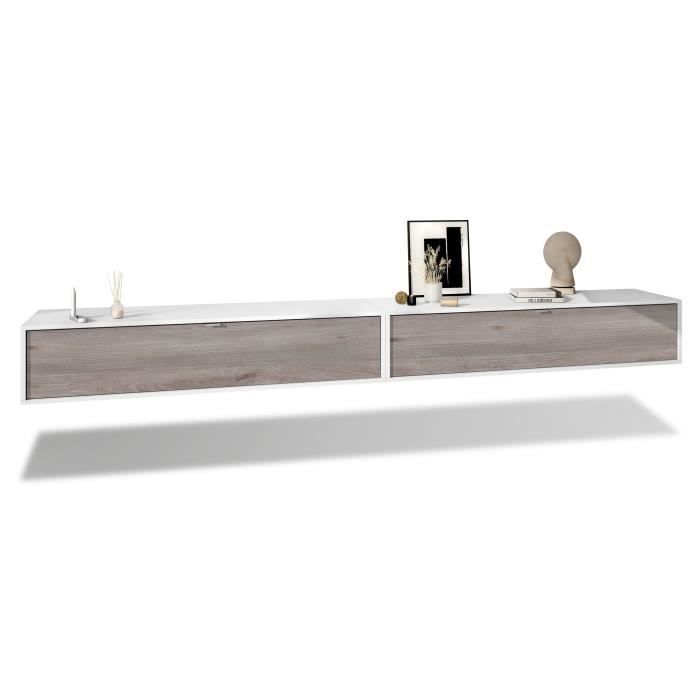 Ensemble de 2 set meuble TV Lana 140 armoire murale lowboard 140 x 29 x 37 cm, caisson en blanc mat, façades en Chêne Nordique