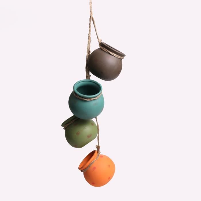 Set de 4 Pot Céramique pour Plantes Suspendues Mini pot de fleur avec Corde Décoration Murale
