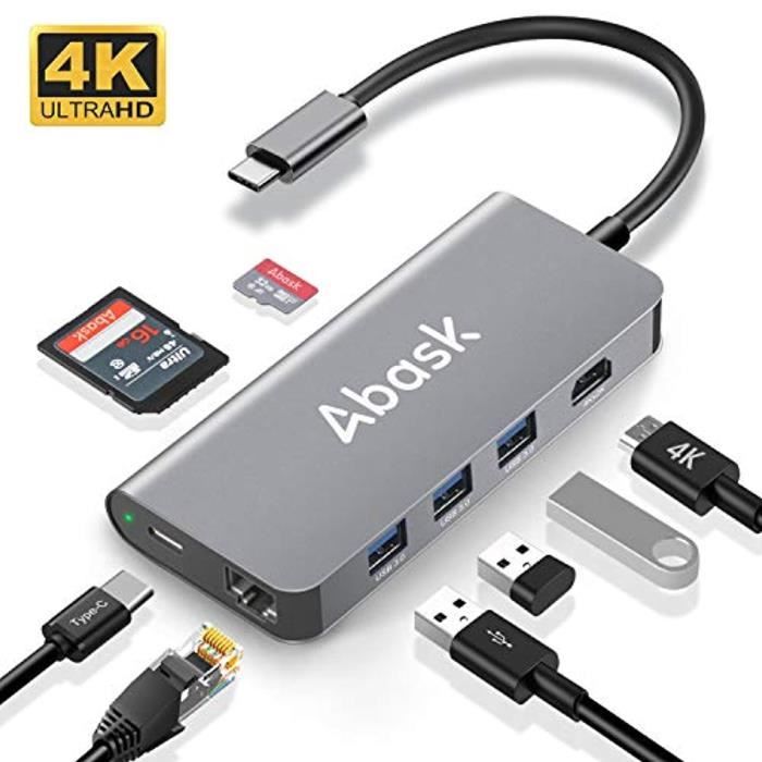 ABASK Hub USB C 8 en 1, Adaptateur USB C Hub HDMI Ethernet, 3 x USB 3.0, Lecteur Carte SD/Micro SD, Puissance Délivrée pour MacBook