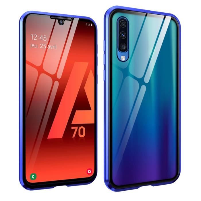 Coque Samsung Galaxy A70, Étui Adsorption Magnétique Double face Verre trempé Couverture pour Samsung Galaxy A70 -Bleu