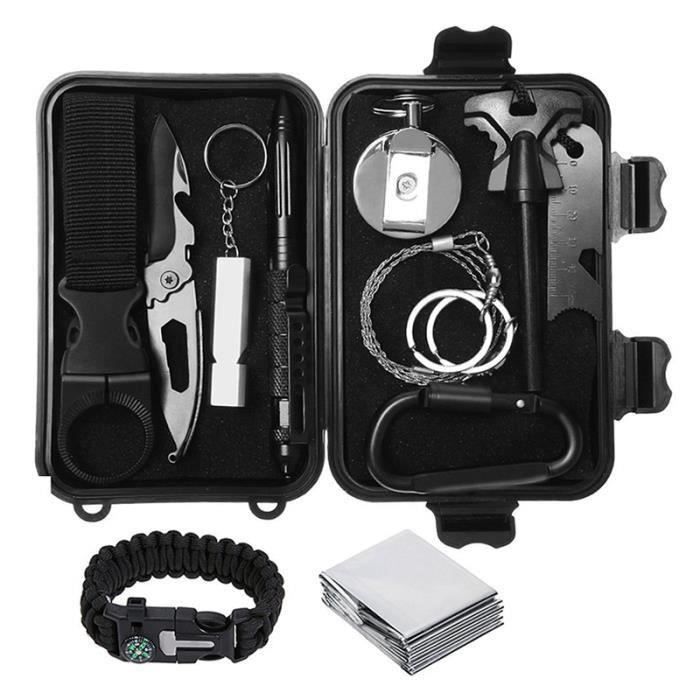Kit de survie Kit d'urgence Outils de survie Polyvalent EDC Couteau Bracelet paracorde Boussole Stylo multifonction Couverture