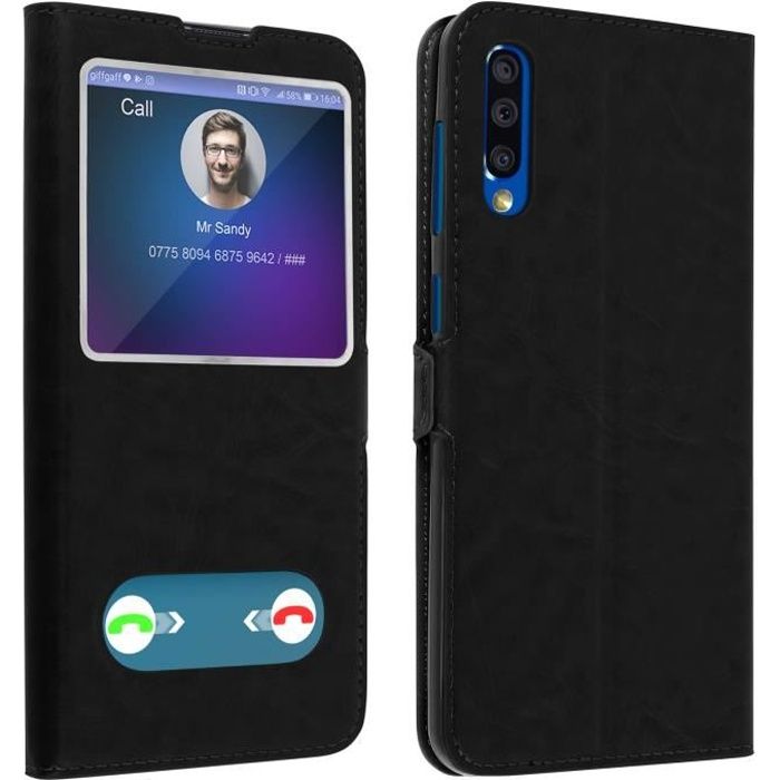 Housse Samsung Galaxy A50 Protection Double Fenêtre Fonction Stand noir Noir