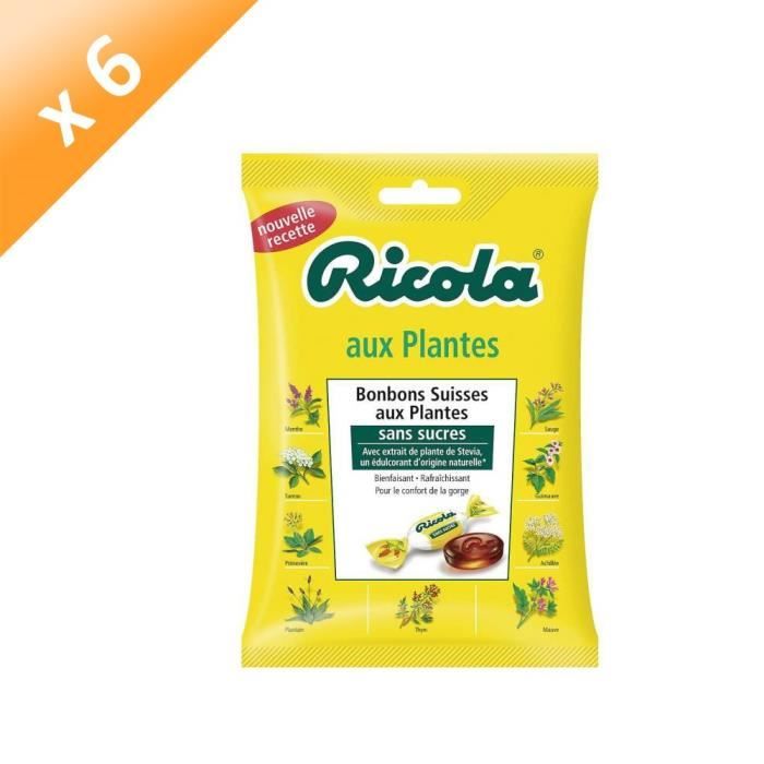 RICOLA Lot de 6 Bonbons sans sucres avec extrait de plante des Stévia - 70 g