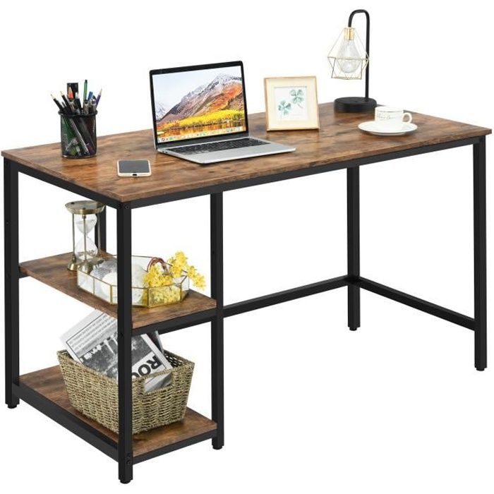 COSTWAY Table de Bureau Industriel en Bois avec 2 Etagères de Rangement Ajustable Cadre Métallique 120 x 60 x 75CM pour Bureau,Salon