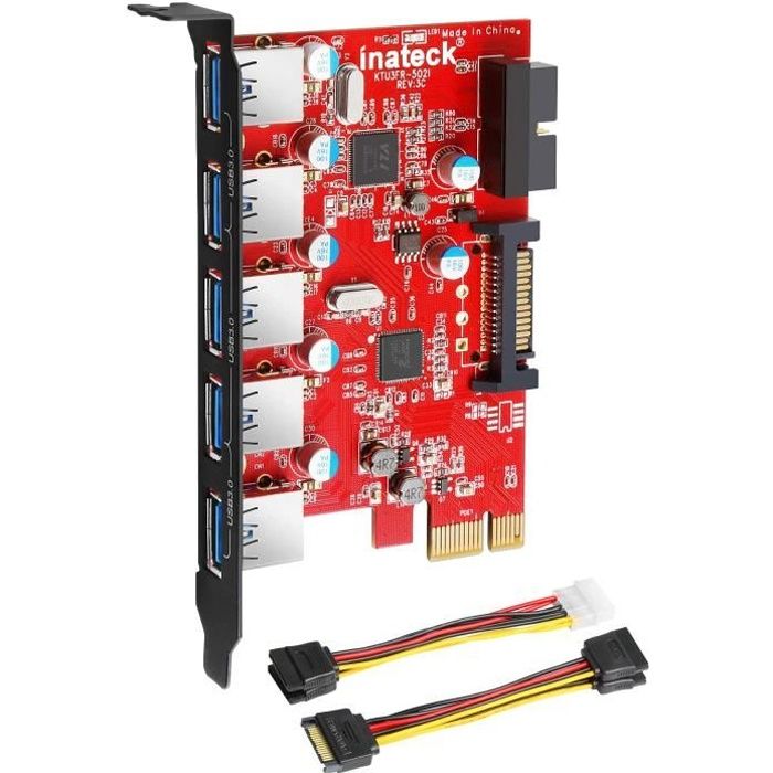Inateck PCI Carte USB 5 Ports USB 3.0 connecteur à 20 broches avec connecteur 15 broches Sata, un 4 broches 2x15pin câble, Y-câble