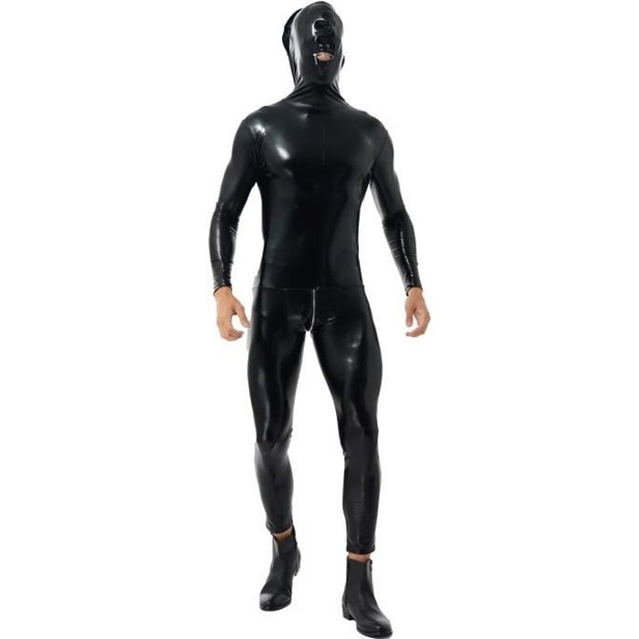 iixpin Catsuit Homme Sexy Cuir Verni Body Ouvert Zippé Bodysuit Cagoule Ouvert Bouche S-XXL Noir