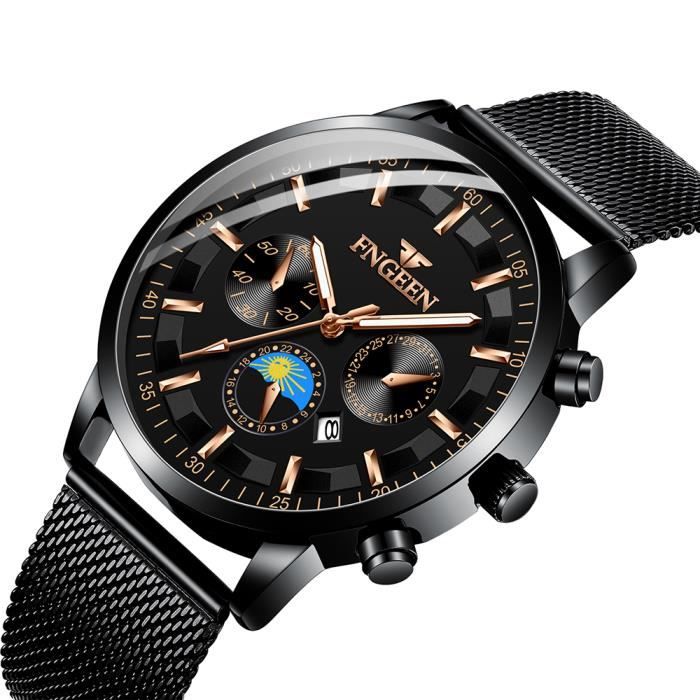 RMEGA Montre Homme Montre Bracelet Homme Quartz Etanche Acier Inoxydable Bande Acier Cadran Noir