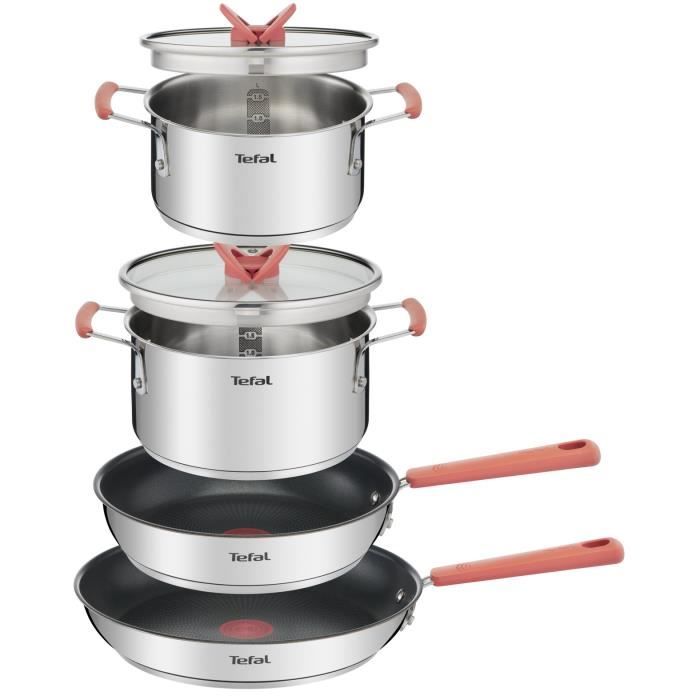 TEFAL G720S604 Opti’Space Batterie de cuisine 6 p, Faitouts + poêles, Poignées anti-chaleur, Manche fixe, Empilable, Induction, Inox