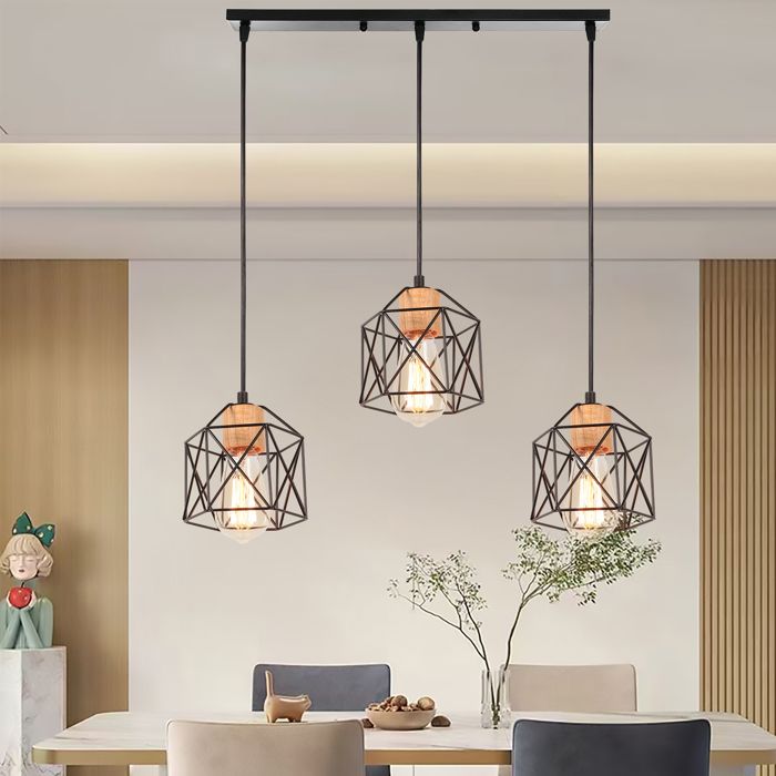 Suspension Luminaire Industrielle 3 Lampes Vintage E27 Lustre en Métal Bois avec une barre 50cm Noir pour Salon Chambre Cuisine