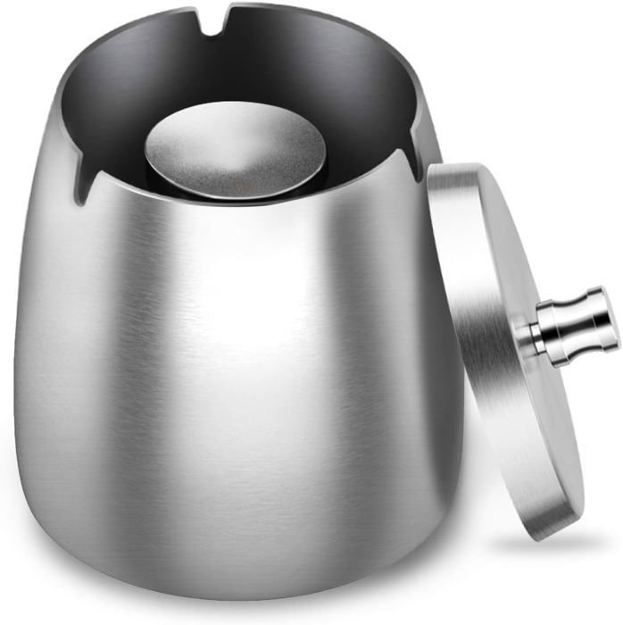 Lot De 2 Cendriers Inox Avec Couvercle - Portable Intérieur/Extérieur, Bureau, Terrasse, 11x11x5.5 Cm