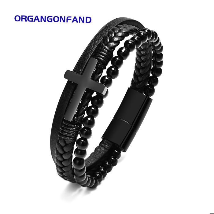 ORGANGONFAND Bracelet homme - croix en acier inoxydable - onyx noir - bracelet en cuir noir hip-hop
