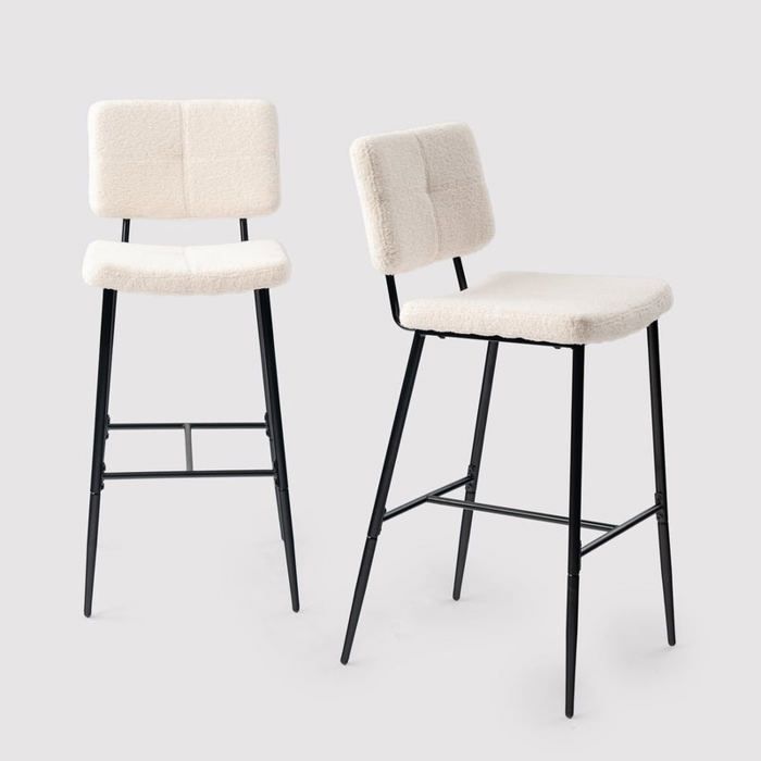MEUBLES COSY Lot de 2 tabourets de bar scandinaves avec dossier en tissu mouton boulette beige - POMONA BAR