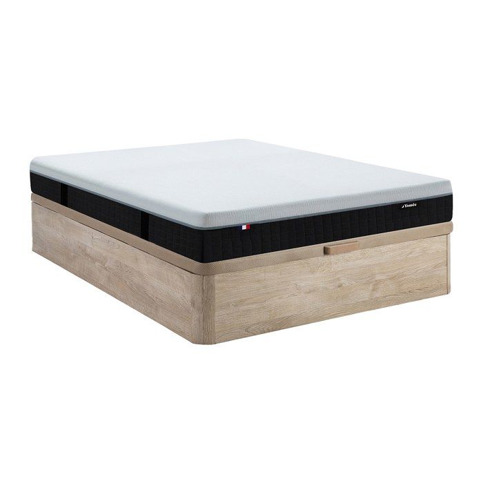Ensemble 160 x 200 cm sommier coffre naturel clair + matelas hybride anti-feu ressorts ensachés 7 zones mémoire de forme et latex