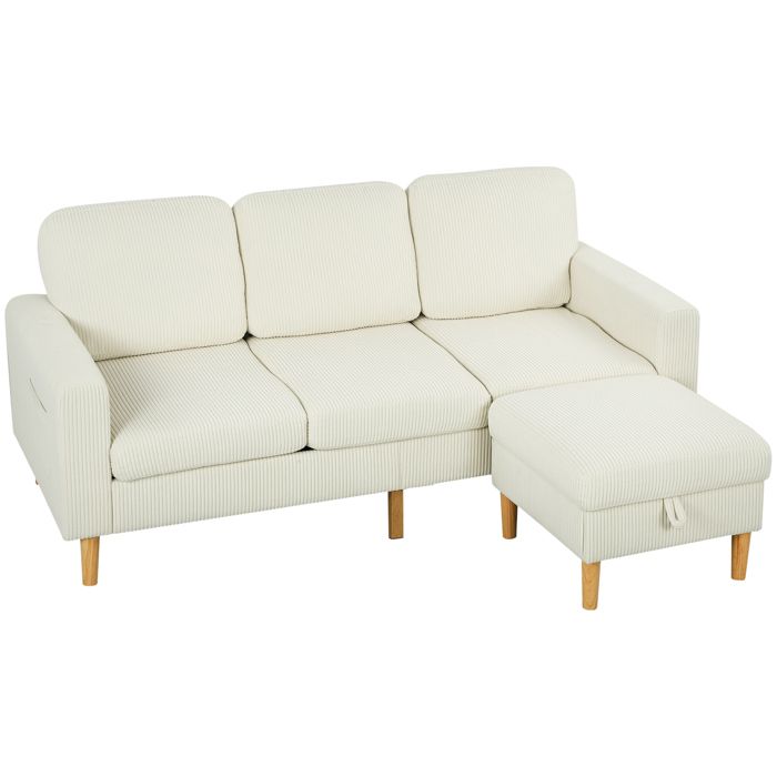 Canapé 3 places avec repose-pieds - HOMCOM - assise et dossier rembourrés - tissu en velours côtelé - 192x138x85cm - beige