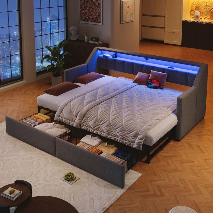 Canapé lit Convertible 90x200cm avec LED - Lit Gigogne Multifonctionnel avec 2 Tiroirs avec USB et Type-C Sans Matelas - Gris