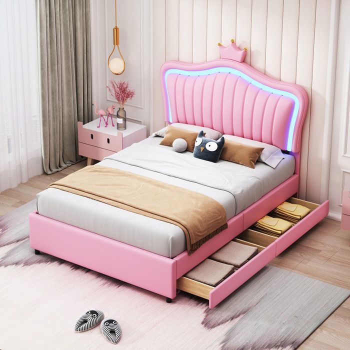 Lit Enfant 90x200 cm Cadre de Lit Simple Blanc Pour Fille en Cuir PU avec Tiroirs de Rangement Lampes LED Lit Rembourr Rose