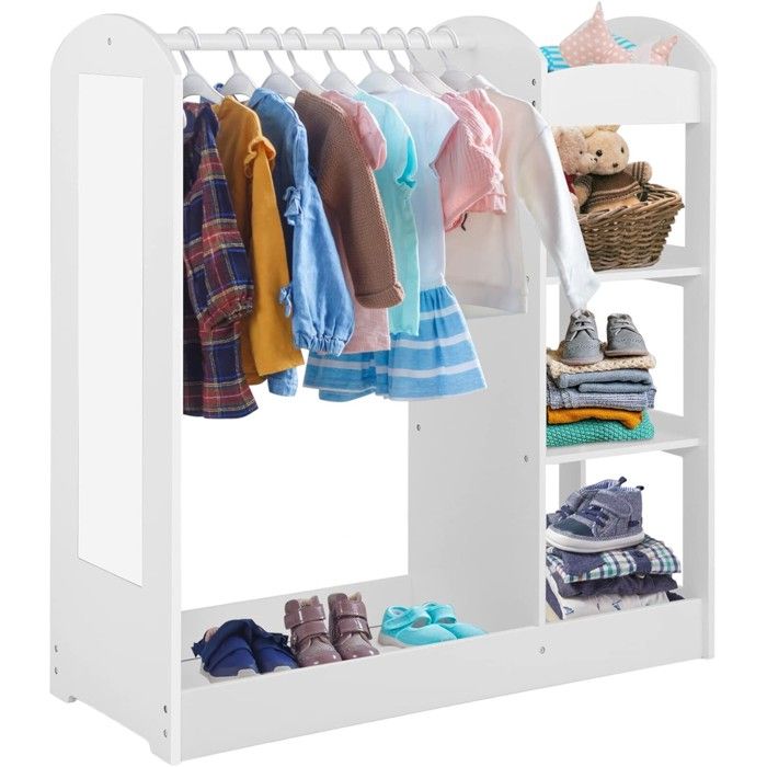 GINGER HOME – Portant enfant avec miroir penderie ouverte avec étagères et tringle blanc 94×38×100 cm