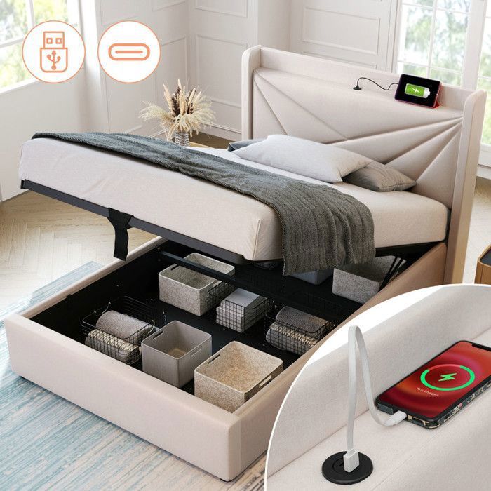 Lit Simple 90x200 LED USB Type-C Coffre Rangement – Tête De Lit Rembourrée, Sommier à Lattes (sans Matelas)