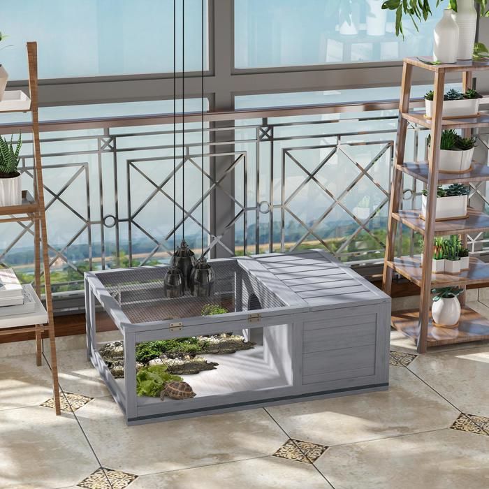 Comparer les prix de Maison enclos cage habitat pour petit animal tortues avec 2 espaces 91 x 605 x 32 cm bois massif gris