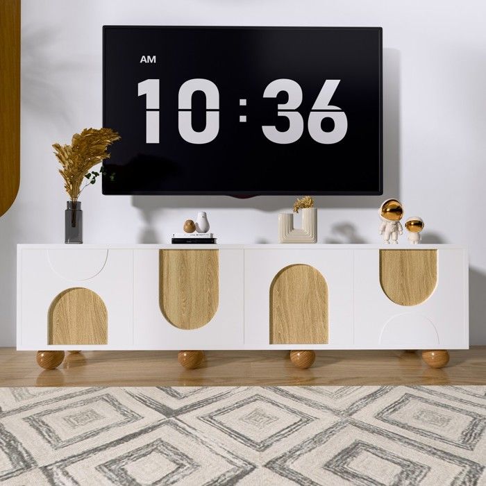 Meuble TV 4 portes bas design bois vieilli 175x38x50cm avec support et panneau TV Décoration salon Meuble TV 4 portes bas design bois vieilli 175x38x50cm avec support et panneau TV Décoration salon