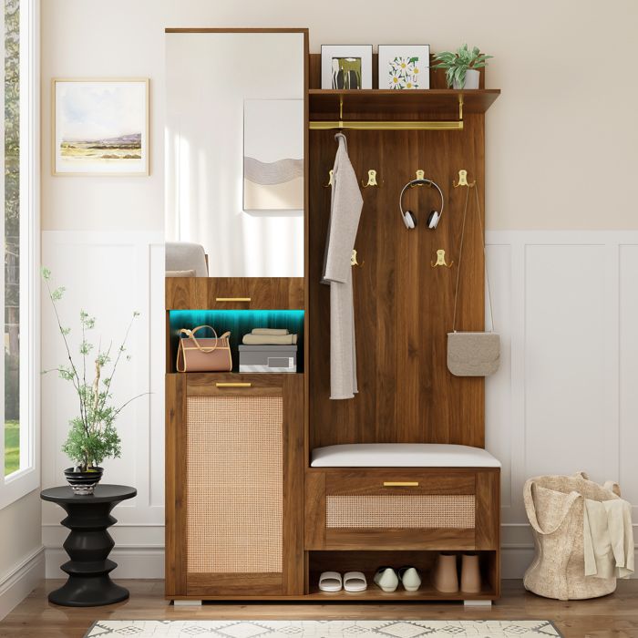 Meuble dentrée - Becag - Vestiaire dentrée avec LED et miroir - Ensemble vestiaire avec banc - 110x38x190cm - Couleur Noyer