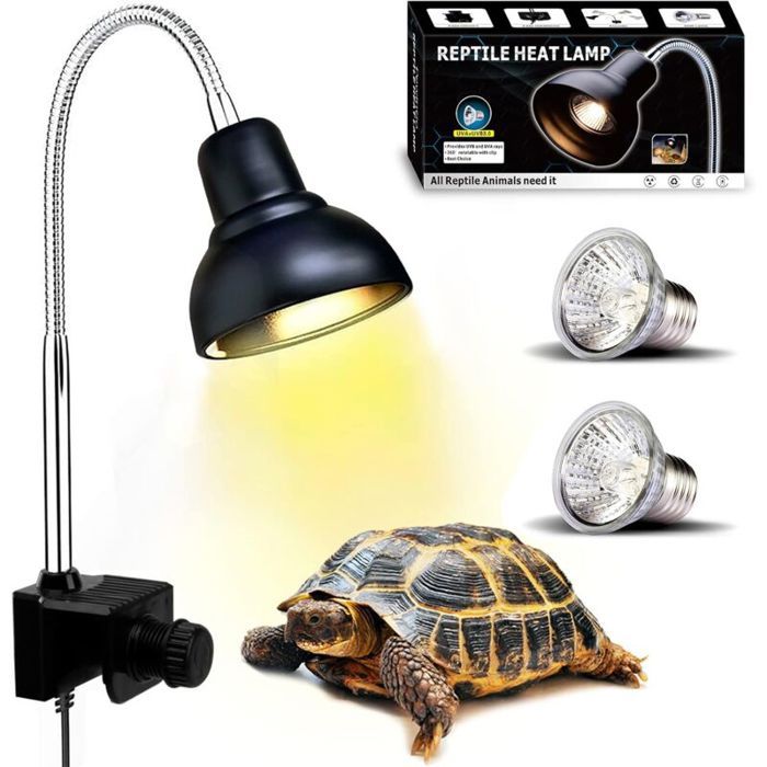 Lampe Chauffante Tortue Lampe Reptiles et Amphibiens avec 2 Ampoules Basking Spot UVA UVB et Pince Pivotante à 360 ° adapté pour
