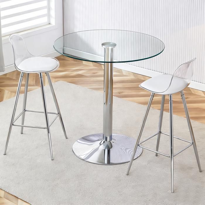 Ensemble de bar - Table ronde en verre 89 cm - 2 tabourets argentés - Design contemporain - Aspect transparent