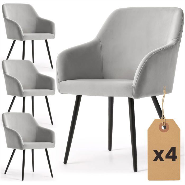 Lot de 4 Chaises en velours lisses ESTELLE Gris pieds noirs Lot de 4 Chaises en velours lisses ESTELLE Gris pieds noirs