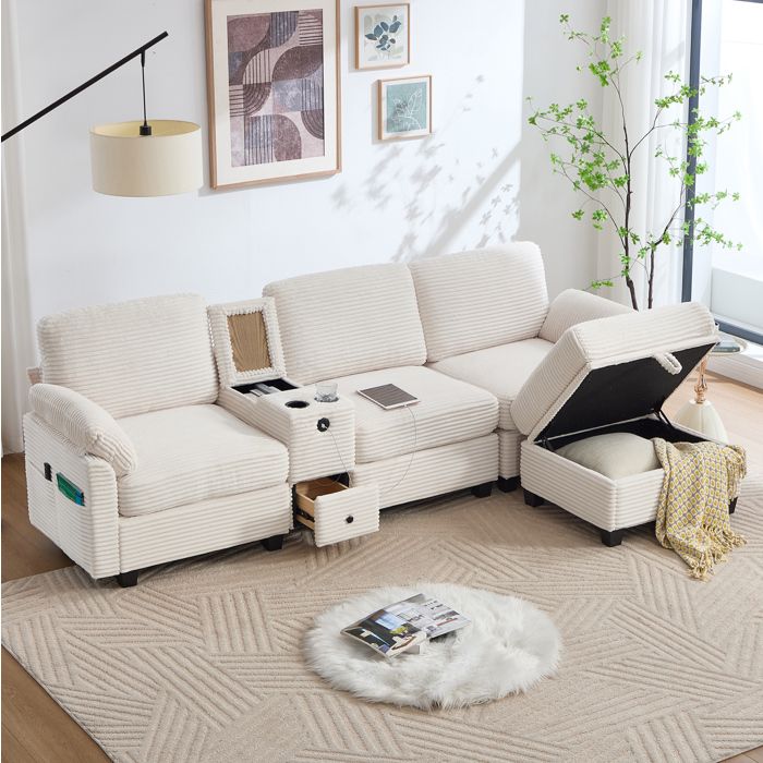 Canapé d’angle en velours côtelé. canapé droit avec repose-pieds. 2 porte-gobelets et port USB-C. salon/chambre . Beige
