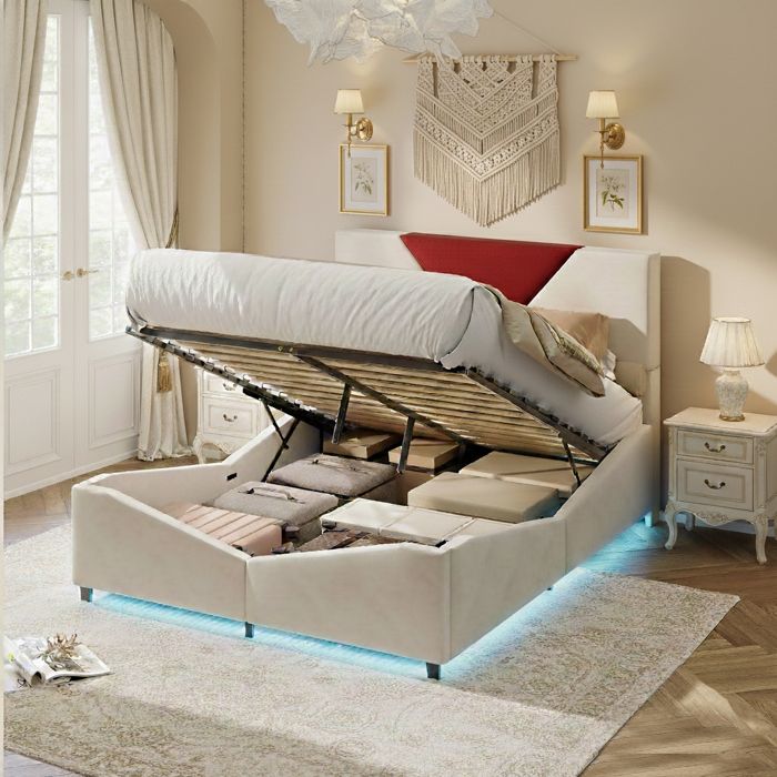 Lit coffre 140x190cm lit capitonné avec LED lit double équipé de rangement et dun sommier à lattes sans matelas velours beige