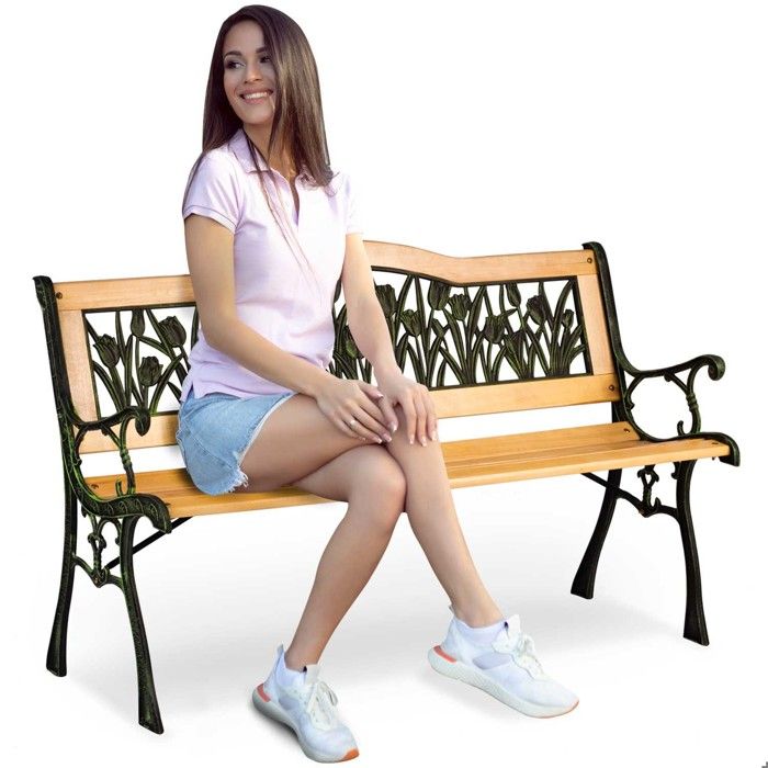 Banc de jardin avec dossier - Sofotel - 1235x74x48 cm - Bois de peuplier - Cadre en fer - Décors floraux