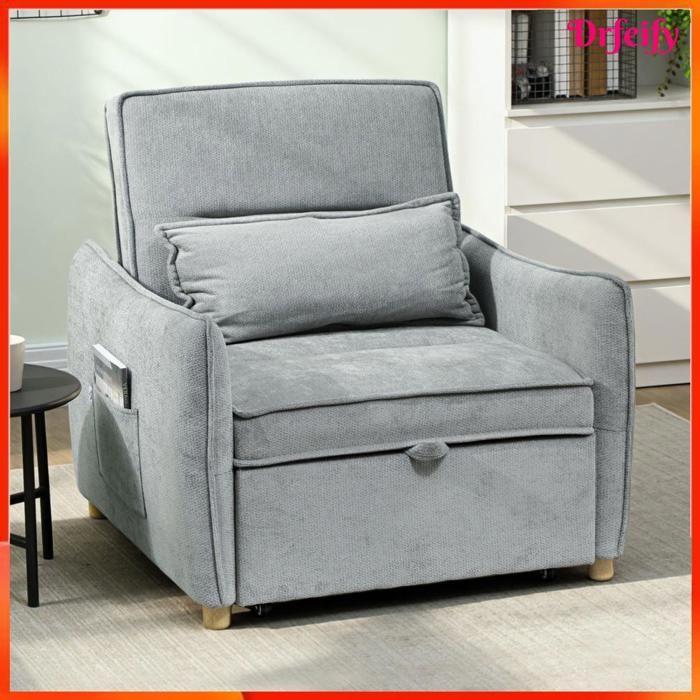 Fauteuil convertible - AKOZON - 13678 - 3 en 1 (fauteuil/chaise/ lit) - Chenille gris - Matelas 11 cm