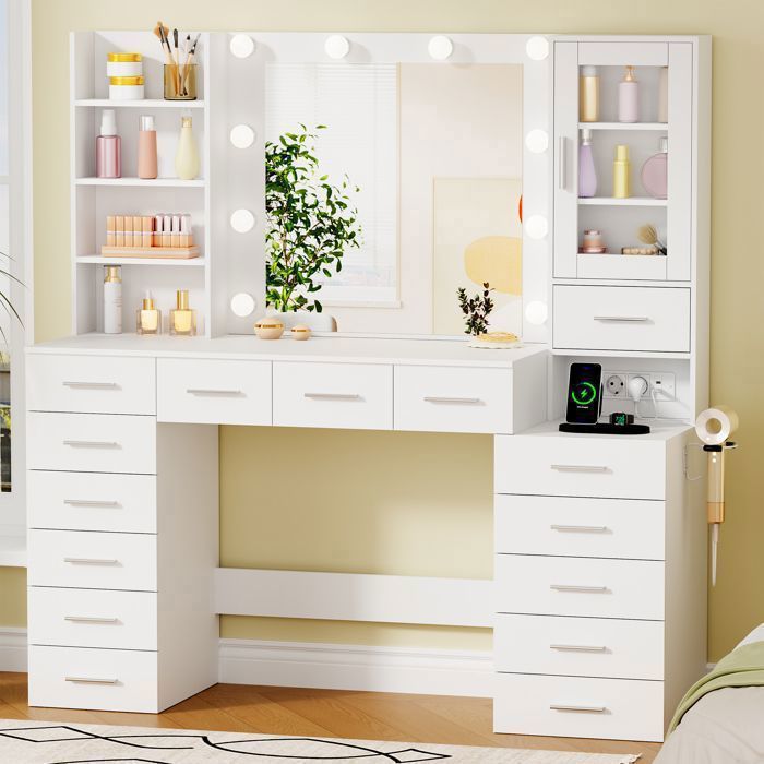 Coiffeuse Grande avec Miroir LED Réglable Prise et Port USB 15 Tiroirs 135X40X140cm，Blanc