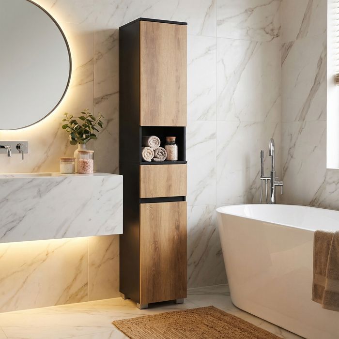 Colonne de salle de bain Meuble Haut avec Compartiments Tiroir et Étagères Réglables Noir et Marron