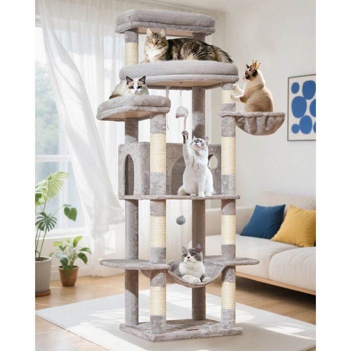Comparer les prix de Arbre à chat XXL - LEVYS - 180 cm - 6 niveaux - Gris clair - Condos spacieux - Hamac et panier - 9 poteaux en sisal