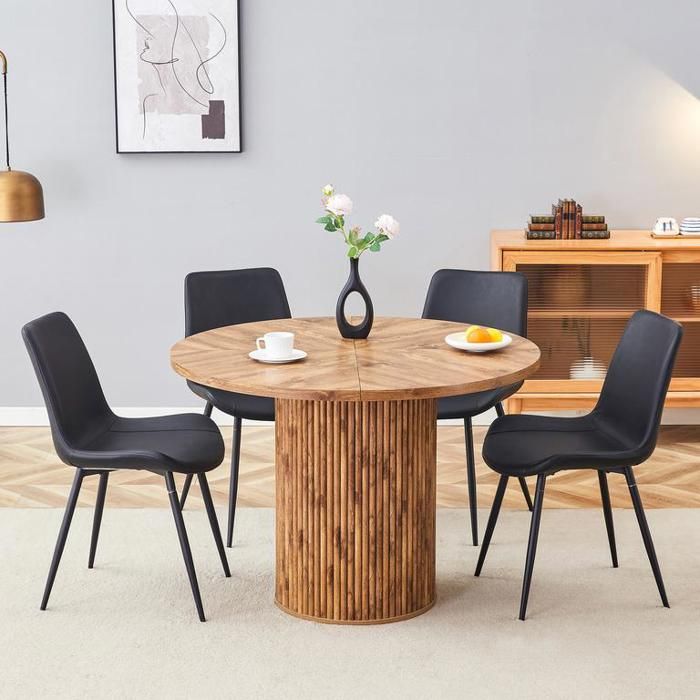 Table à manger avec 4 chaises en similicuir noir (PU) Ensemble table et chaises salle a manger ronde en MDF de 100 cm de diamètre