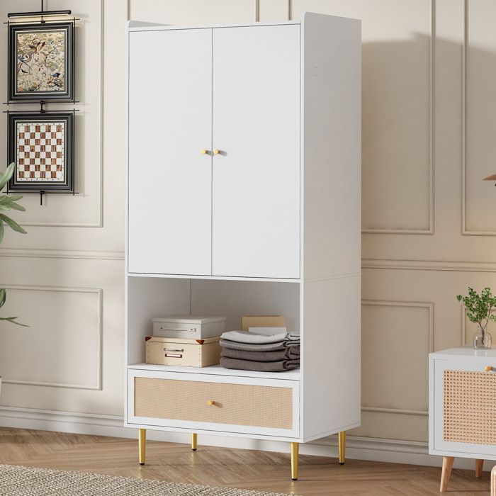 Armoire 2 portes avec barre de penderie tiroir effet rotin - TCQPZ - en panneaux de particules blanc 80 × 48 × 175 cm