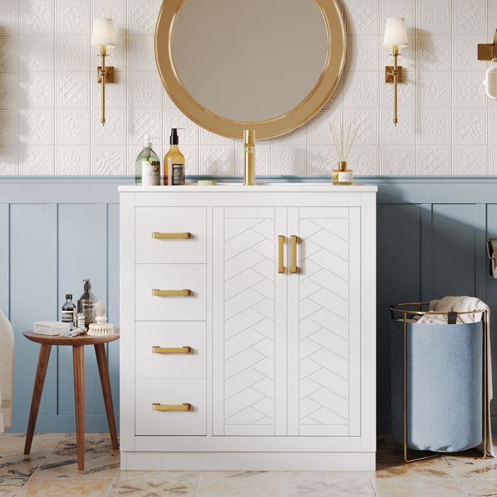 Meuble sous-lavabo avec 3 tiroirs et plateau latéral meuble de salle de bain lavabo en céramique 765×465×845 cm Blanc