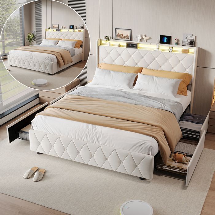 Lit double Coffre 140x200 cm LED USB 4 Tiroirs de Rangement Tête de Lit Capitonnée Sommier à Lattes Velours Beige Sans Matelas