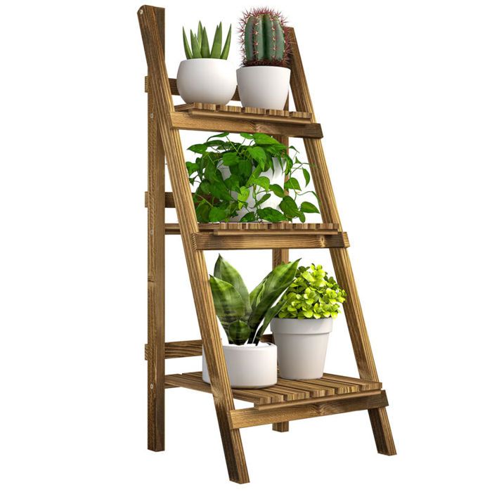 Étagère à fleurs support plantes intérieur supports de pots porte plante 3 niveaux pliable bois de sapin 40 x 37 x 93 cm charge