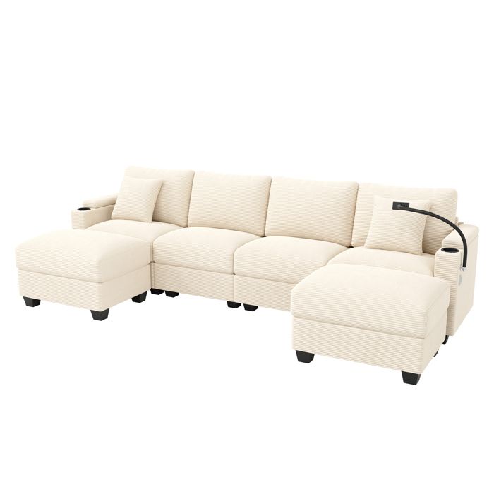 Canapé dAngle avec Support téléphone et Ports USB/USB-CCanapé modulable en U 4-6 PlacesEn velours modulaireBeige