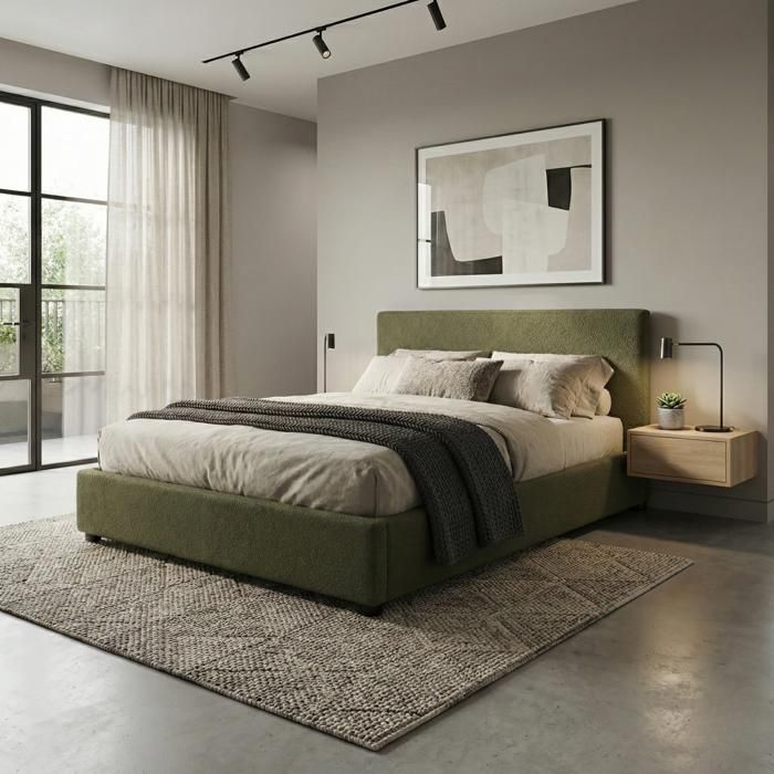 Lit Coffre Versailles 180x200 Cm – Tissu Bouclette Vert – Tête De Lit Incluse – Grand Espace De Stockage