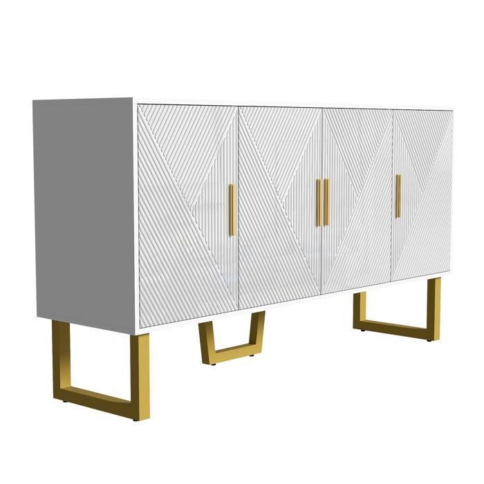 MEUBLES COSY Buffet blanc luxueux 4 portes finition brillante structurée poignées et pieds dorés étagères ajustables MEUBLES COSY Buffet blanc luxueux 4 portes finition brillante structurée poignées et pieds dorés étagères ajustables