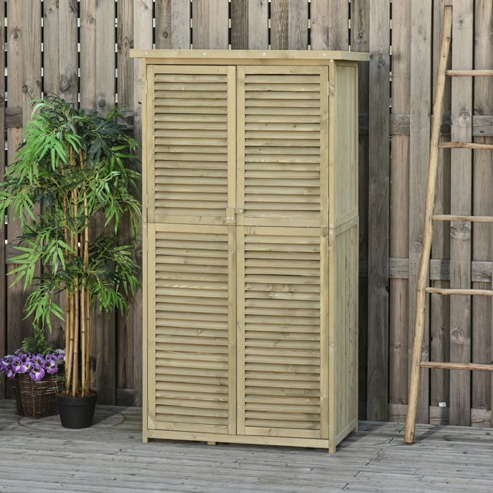 Armoire de jardin en bois massif 87 x 465 x 160 cm avec toit en asphalte 3 étagères et double porte à lames