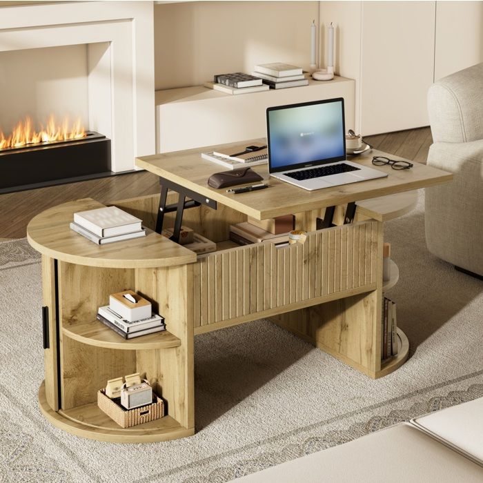 Table Basse Relevable 2 Portes Coulissantes Rangement Caché et Étagères Ouvertes - TCQPZ - MDF Chêne 100×50×40 5 cm