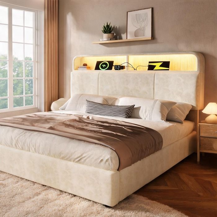 Sommier double 140x200 cm en velours beige avec tête de lit relevable et rangement