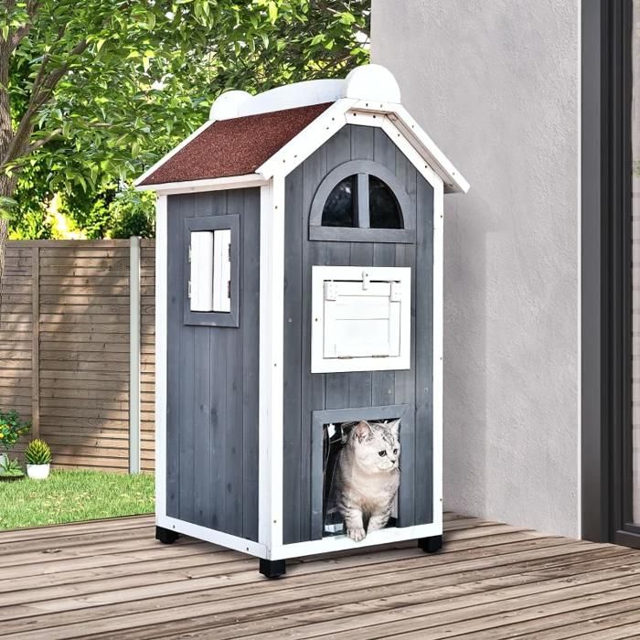 Niche pour Chat 2 Étages avec Escalier et Hamac - TCQPZ - Intérieur Extérieur en Bois avec Toit en Asphalte Gris 59 × 55 × 109 cm