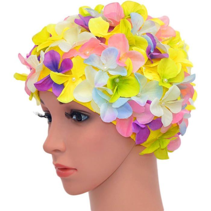 Bonnet de Bain Femme Adulte Design Fleurs 3D Rétro Taille Unique pour Cheveux Longs Idéal pour Sources Thermales