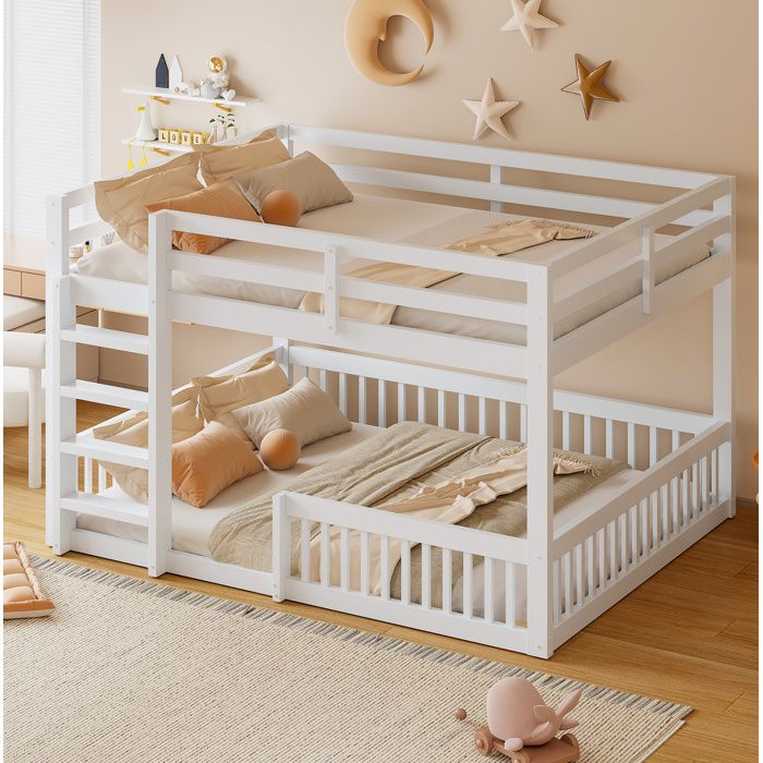 Lit superposé 160x200 cm blanc avec barrières de sécurité et échelle pin et MDF