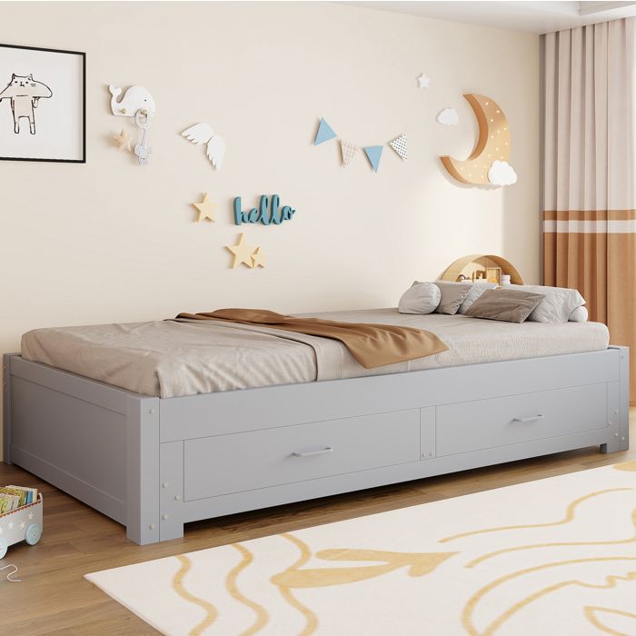 Lit gigogne extensible 90 x 190/180 x 190 cm en bois gris avec 2 tiroirs et sommier a lattes inclus